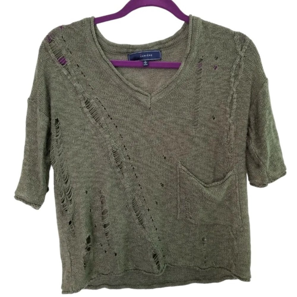 LUMIERE Knitted Ripped Blouse with Pocket Army Color Size S